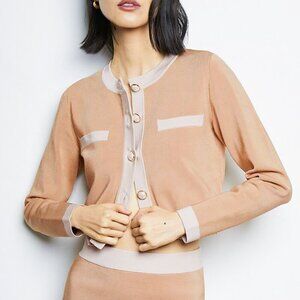 Babaton Legacy Cardigan Crew-Neck Structured Knit Pearl Dome Buttons - Size 2XS
